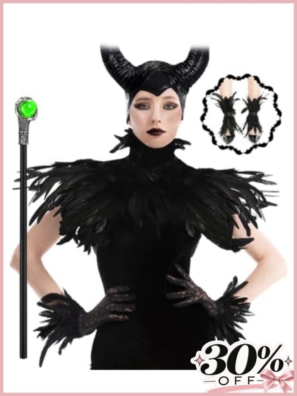 Gothic Black Crow Costume Set Latex Horn Lace Feather Cape Cosplay